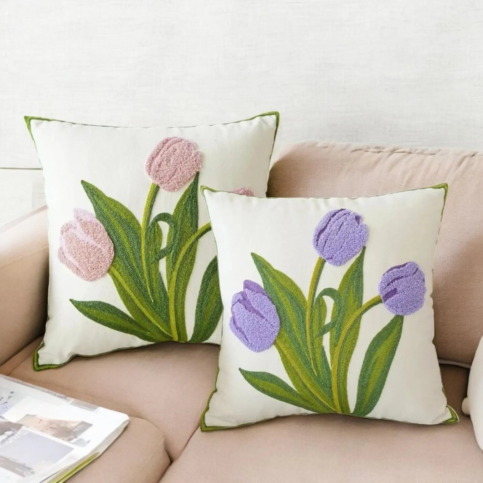 Embroidered Tulip Pillow Cover