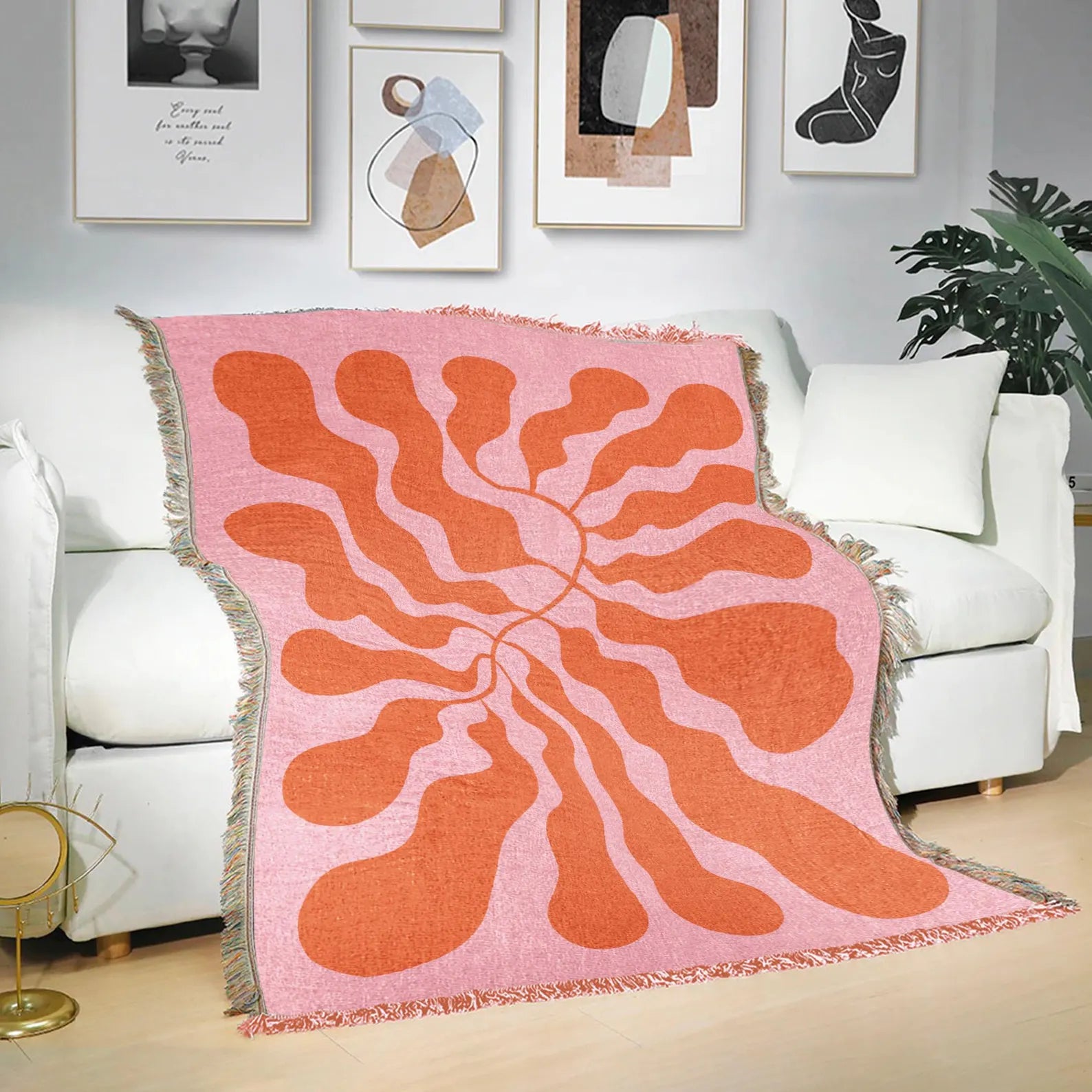 Matisse Woven Throw Blanket, Pink Orange Abstract Leaf Sofa Throw, Beach Picnic Fringed Blanket, Modern Botanical Art Tapestry, Boho Decor
