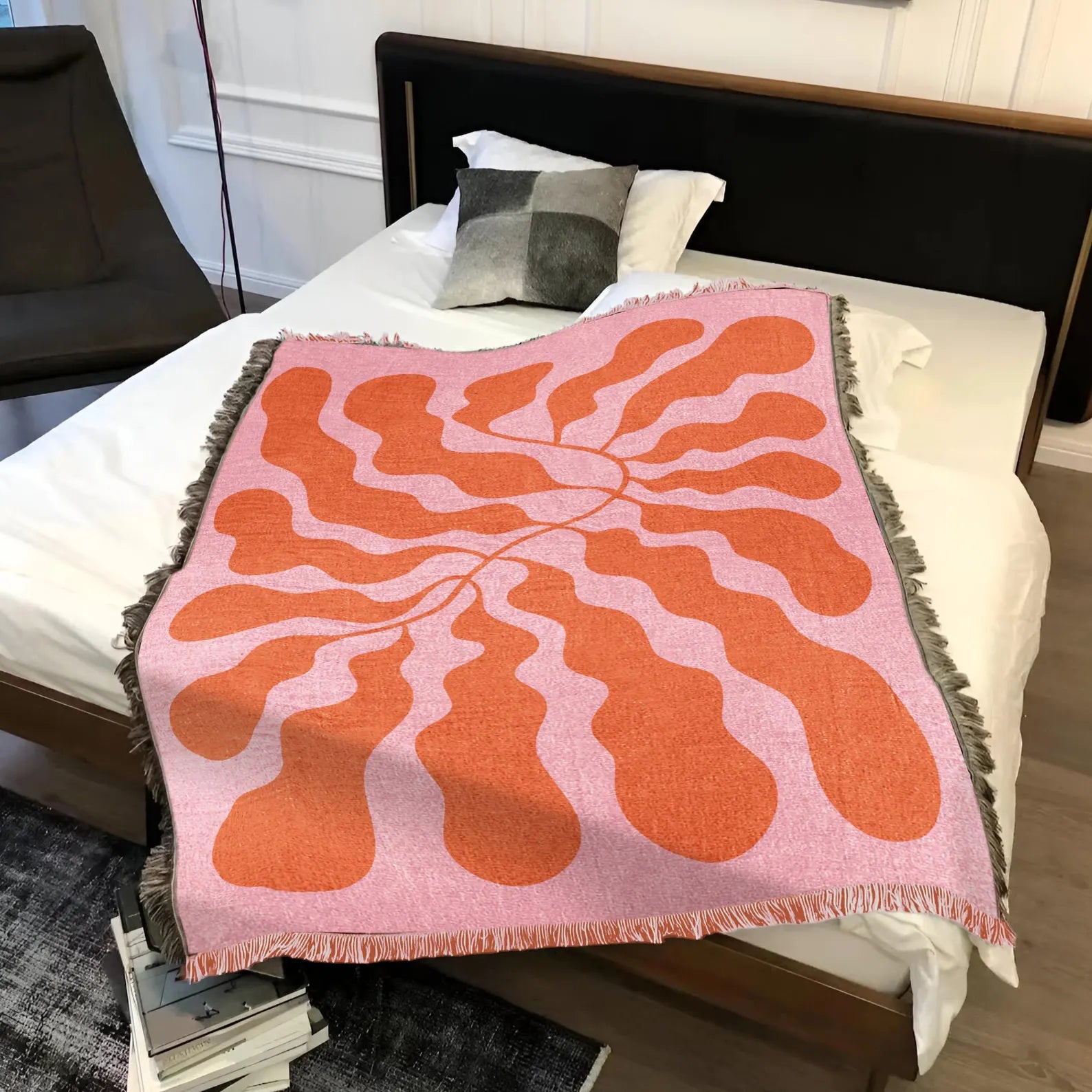 Matisse Woven Throw Blanket, Pink Orange Abstract Leaf Sofa Throw, Beach Picnic Fringed Blanket, Modern Botanical Art Tapestry, Boho Decor