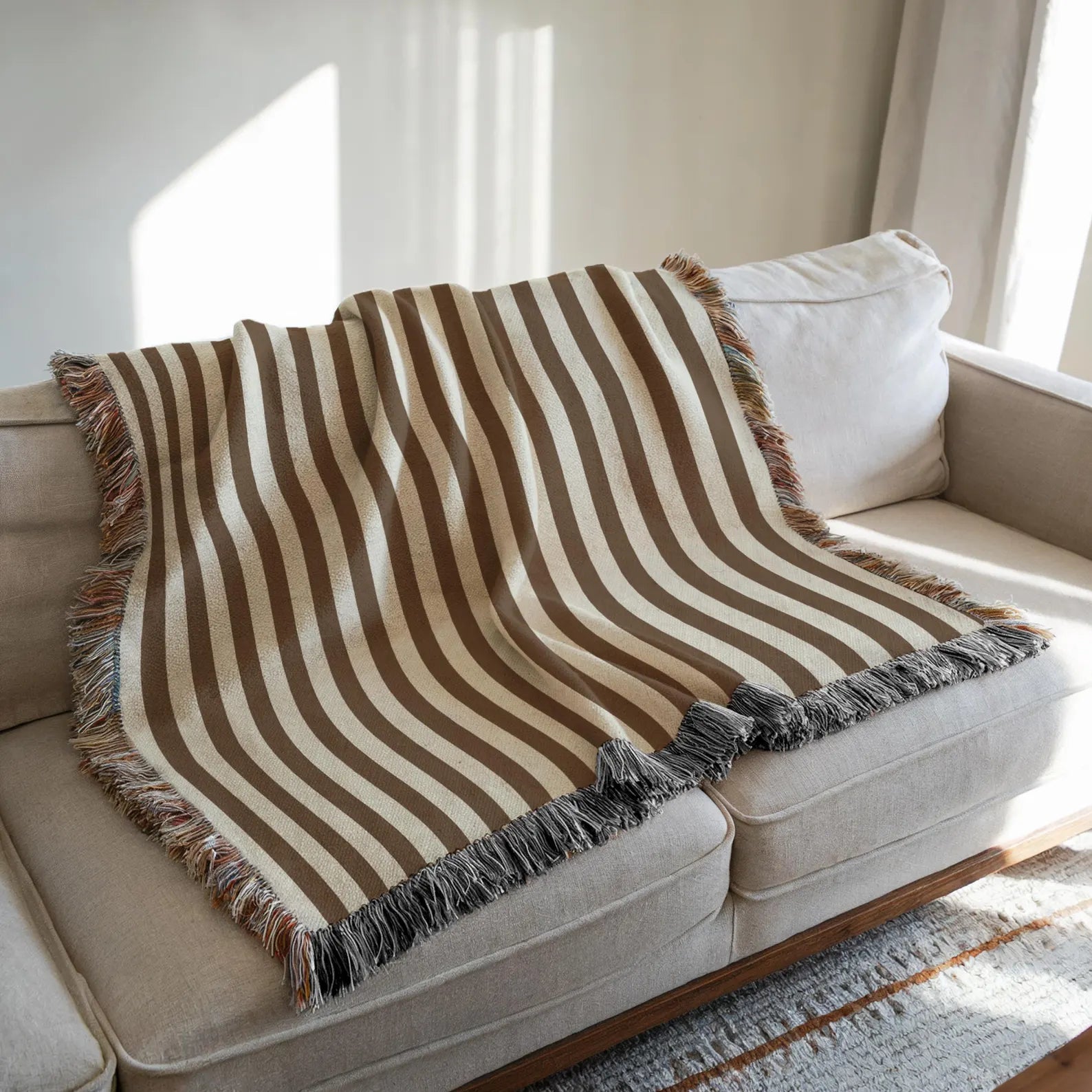 Striped Throw Blanket, Modern Jacquard Blanket, Minimalist Cozy Decor, Neutral Aesthetic Throw, Woven Living Room Blanket