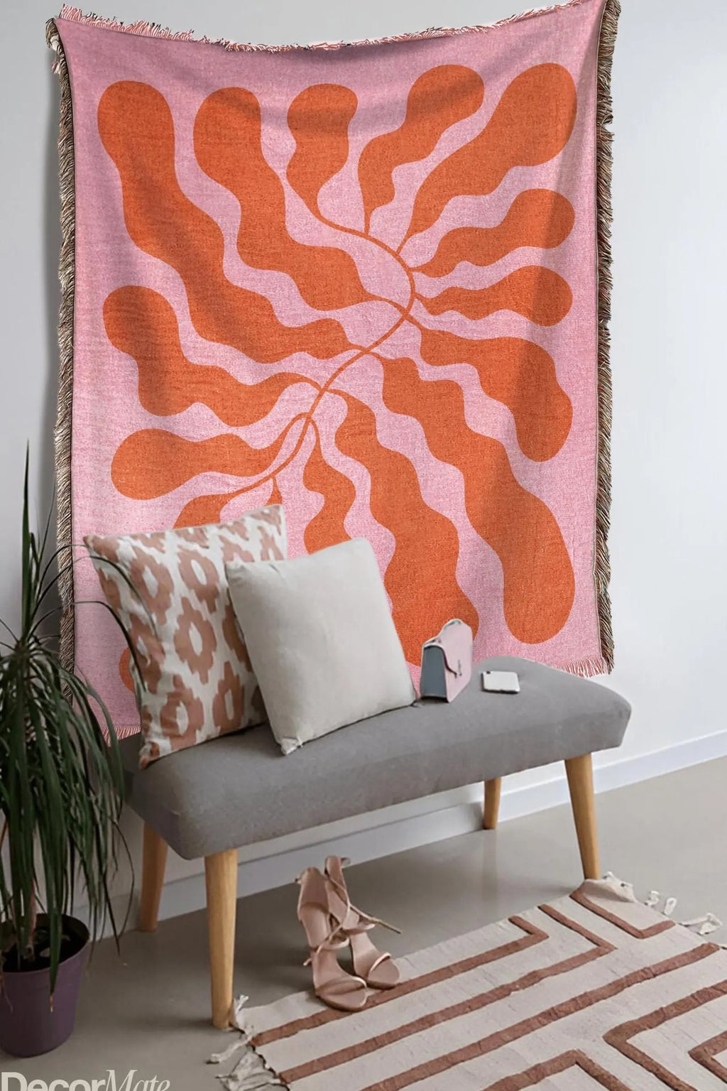 Matisse Woven Throw Blanket, Pink Orange Abstract Leaf Sofa Throw, Beach Picnic Fringed Blanket, Modern Botanical Art Tapestry, Boho Decor