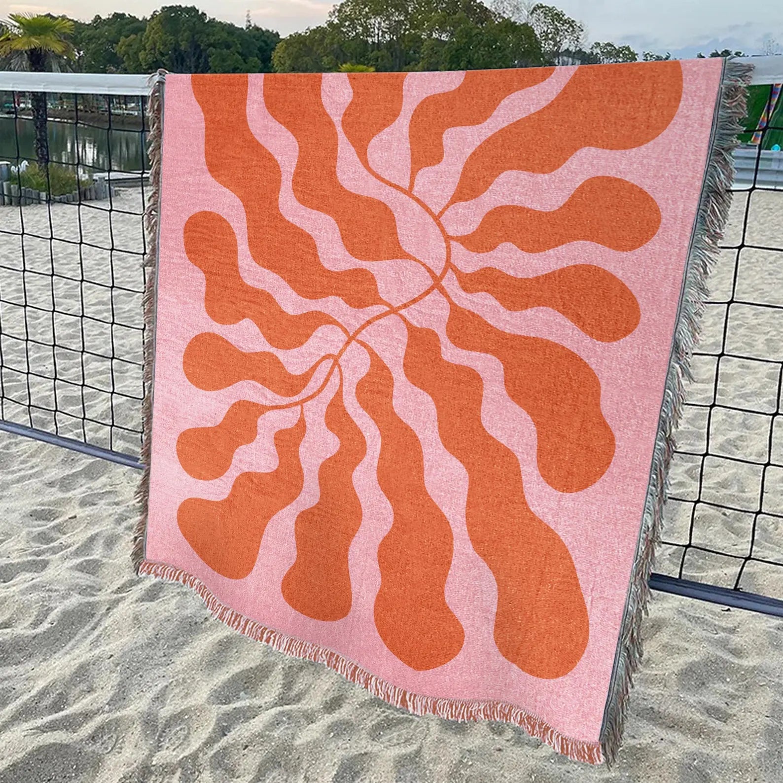 Matisse Woven Throw Blanket, Pink Orange Abstract Leaf Sofa Throw, Beach Picnic Fringed Blanket, Modern Botanical Art Tapestry, Boho Decor
