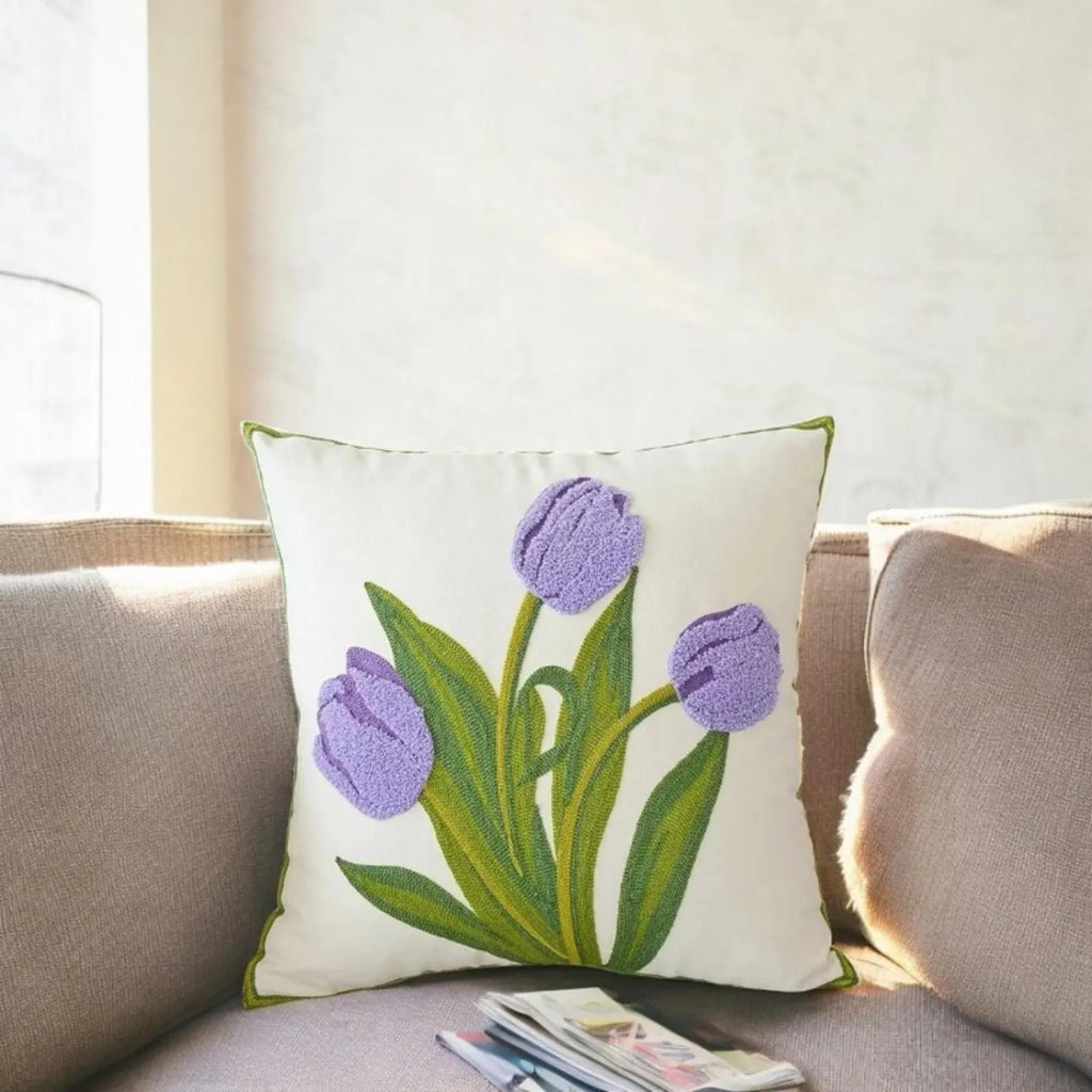 Embroidered Tulip Pillow Cover