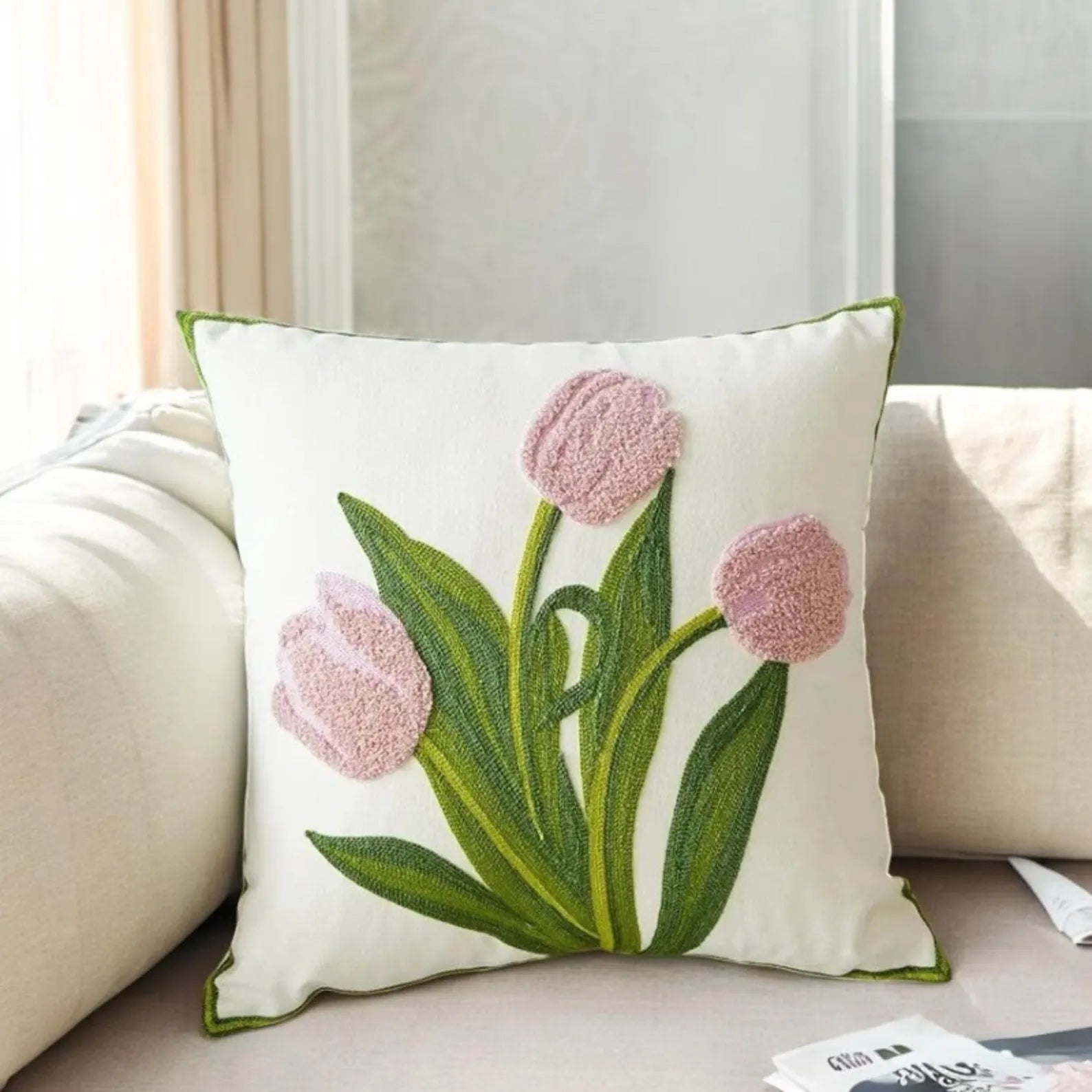 Embroidered Tulip Pillow Cover